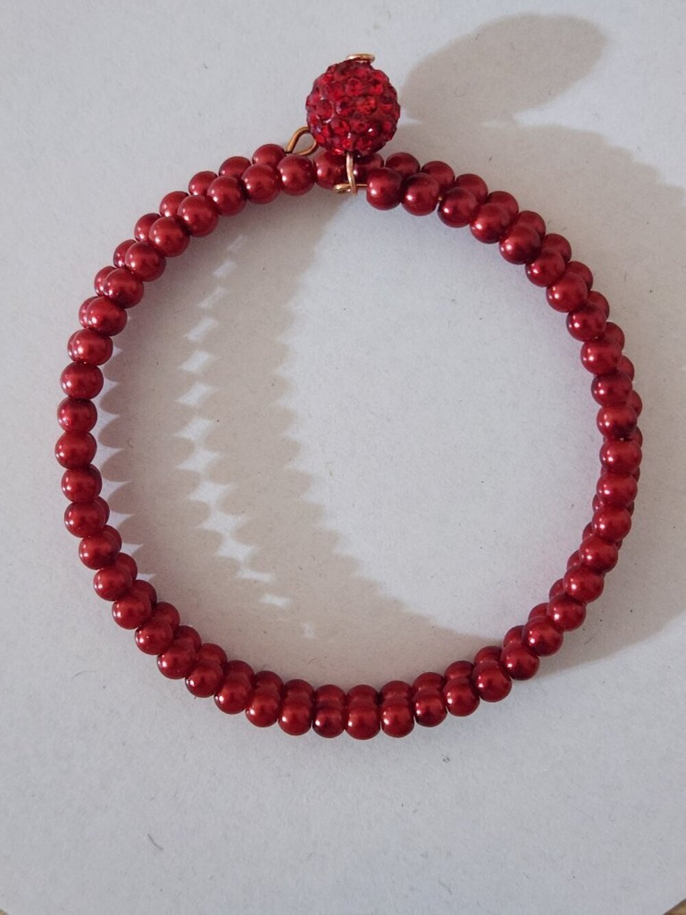 Hand Crafted Red Pearl Wrap Bracelet with Rhinestone Charm Beaded Coil